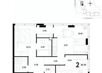 2-комнатная квартира на продажу, 56.7 м2, Москва, станция Рижская