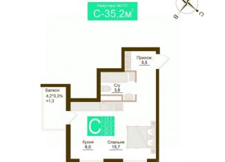 Продается квартира студия, 32.3 м2, посёлок городского типа Молодёжное