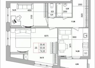 Продается 2-комнатная квартира, 74.5 м2, Белгород