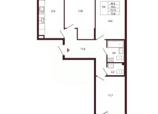 Продажа трехкомнатной квартиры, 72.15 м2, Санкт-Петербург