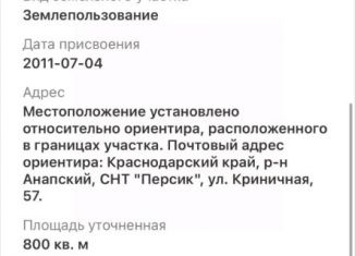 Участок на продажу, 8 сот., Краснодарский край, Криничная улица, 57