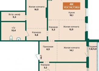 Четырехкомнатная квартира на продажу, 125.9 м2, Барнаул, Индустриальный район