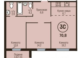 Продаю 3-ком. квартиру, 70.8 м2, Барнаул, Железнодорожный район