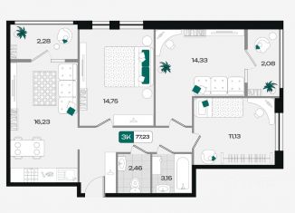 Продажа 3-комнатной квартиры, 77.23 м2, Краснодар, Прикубанский округ