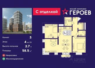 Продам трехкомнатную квартиру, 58.5 м2, Балашиха, микрорайон Центр-2, 611с1