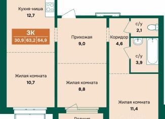 Продается 3-ком. квартира, 64.9 м2, Барнаул, Индустриальный район