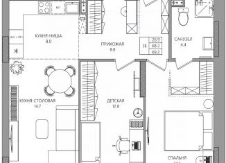 Трехкомнатная квартира на продажу, 69.2 м2, Пермский край, Парковый проспект, 36В